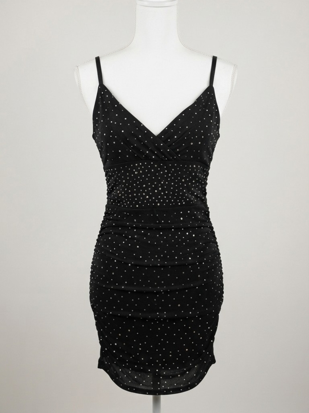 NWT LBD Windsor Black Rhinestone Ruched Bodycon Dress Size M